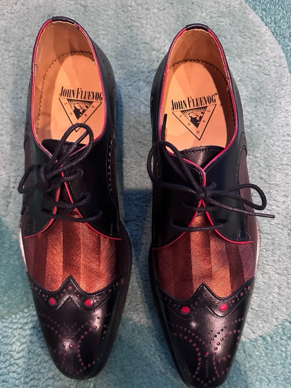 Fluevog NEW/BOX Rufus Magoo Duke black/copper brogue derby-M8/W10 (fits 7.5/9.5)